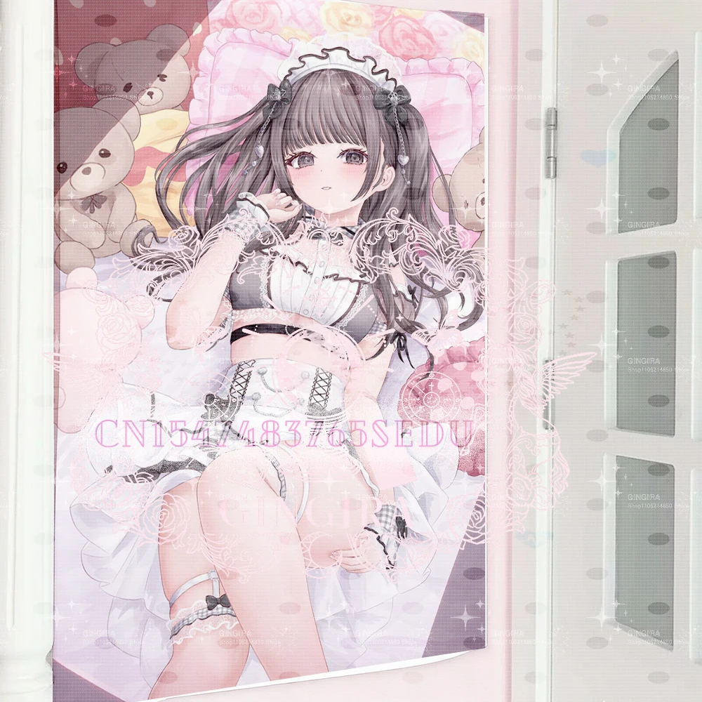Japanese ゴスロリ Maid Cosplay Tapestry Wall Hanging, Cute Brown Hair Anime Girl Tapestry, Pink Bear Background Decor for Bedroom, L