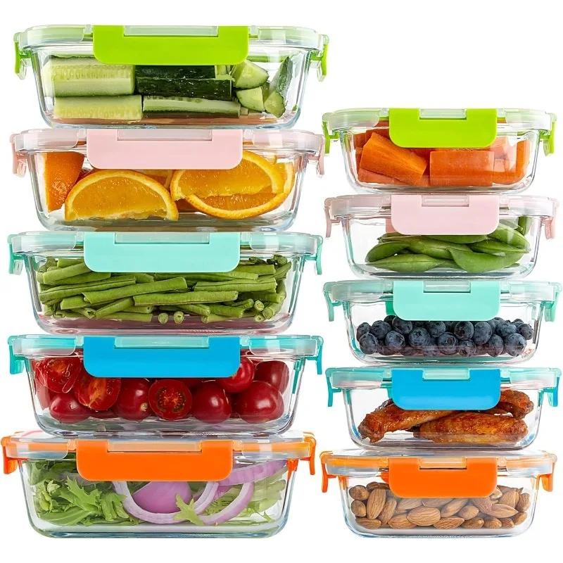 10 Pack Glass Food Storage Containers with Lids Leakproof, Airtight Meal Prep For Lunch, On The Go, Leftover, Dishwasher Safe