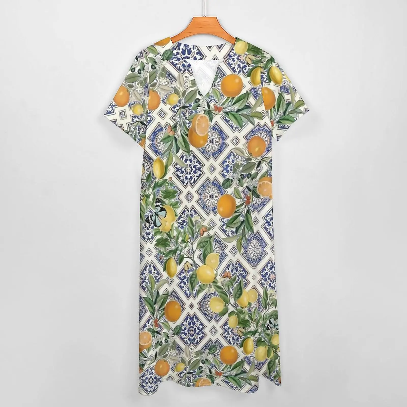 Lemon Dress Tiles and Citrus Fruit Night Club Maxi Dress V Neck Graphic Bohemia Long Dresses Streetwear Big Size Vestido