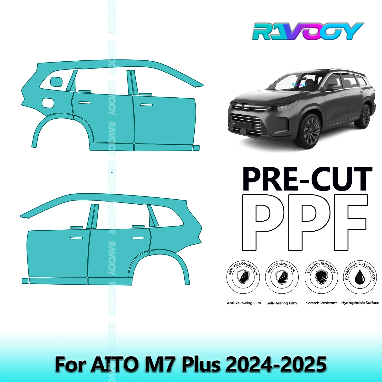 

For AITO M7 Plus 2024-2025 8.5mil Clear Matte Pre-Cut PPF Door & A/B Pillar Kit TPU Paint Protection Film Set