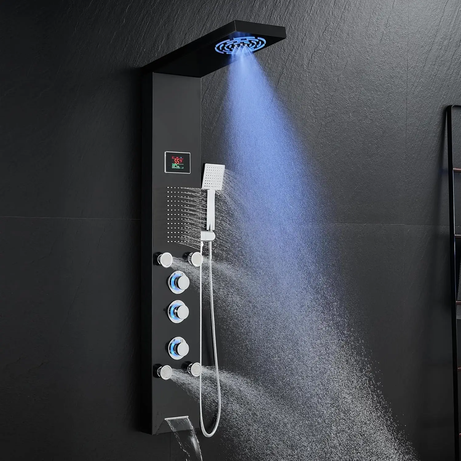 

ROVATE LED Shower Panel MIST Rainfall Head Body Jets Handheld Tub Spout Shower Tower System Stainless Steel Black