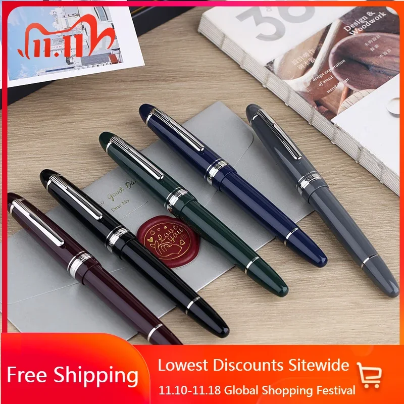 New MAJOHN P136 Copper Metal Piston Fountain Pen Blue Green EF/F/M 0.38/0.5/0.7mm Long Knife Nib Business Travel Stationery Pen