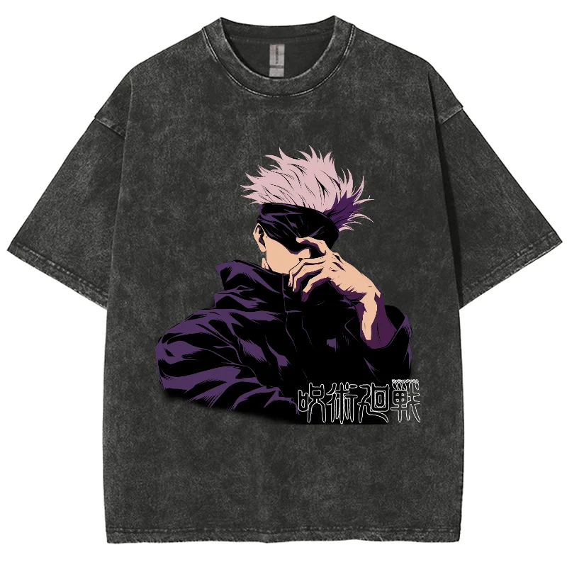 Anime Jujutsu Kaisen Y2K Unisex Washed shirt, Gojo Satoru Oversized Tshirt, Streetwear Vintage Washed Short Tshirt plus-size