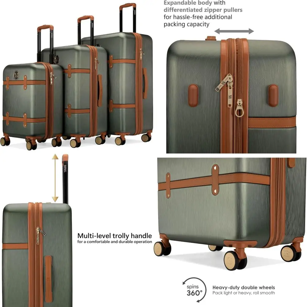 

3-piece expandable retro luggage set in olive green polycarbonate-abs material