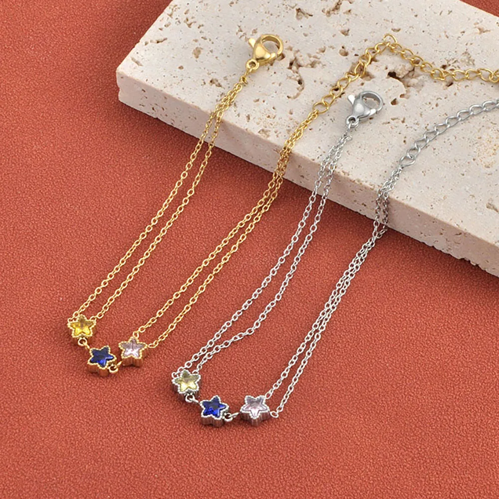Lokaer Vacation Style Star Heart Design Zircon Double Bracelet 18K Gold Plated Stainless Steel Waterproof Women's Jewelry B26012