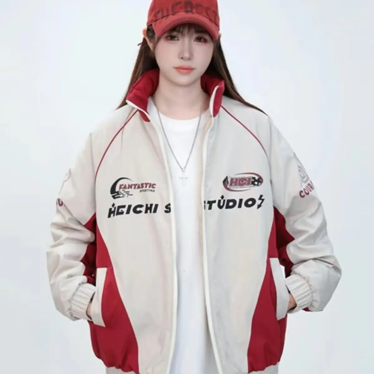 

Куртка-лофер с контрастной цветной печатью и воротником-стойкой, модная новинка, свободная повседневная куртка для мужчин и женщин, парная модель.