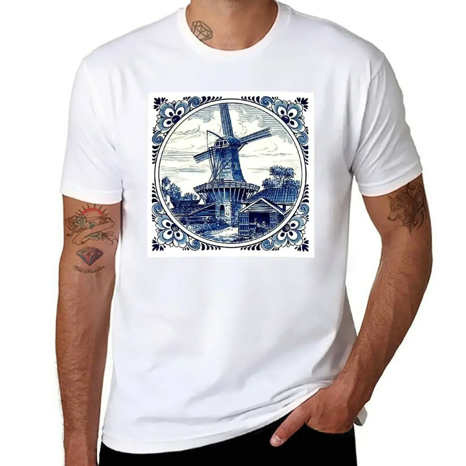 DUTCH BLUE DELFT : Vintage WindmillPrint T-Shirt summer top custom t shirt t shirts men