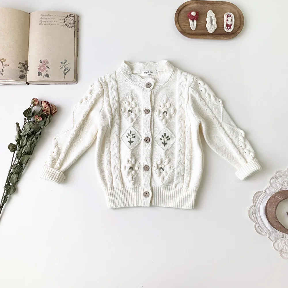 Toddler Girls Sweater Children Knitted Jumper With Hand Embroidery Kids Autumn Winter Clothes Coat 2-7Y