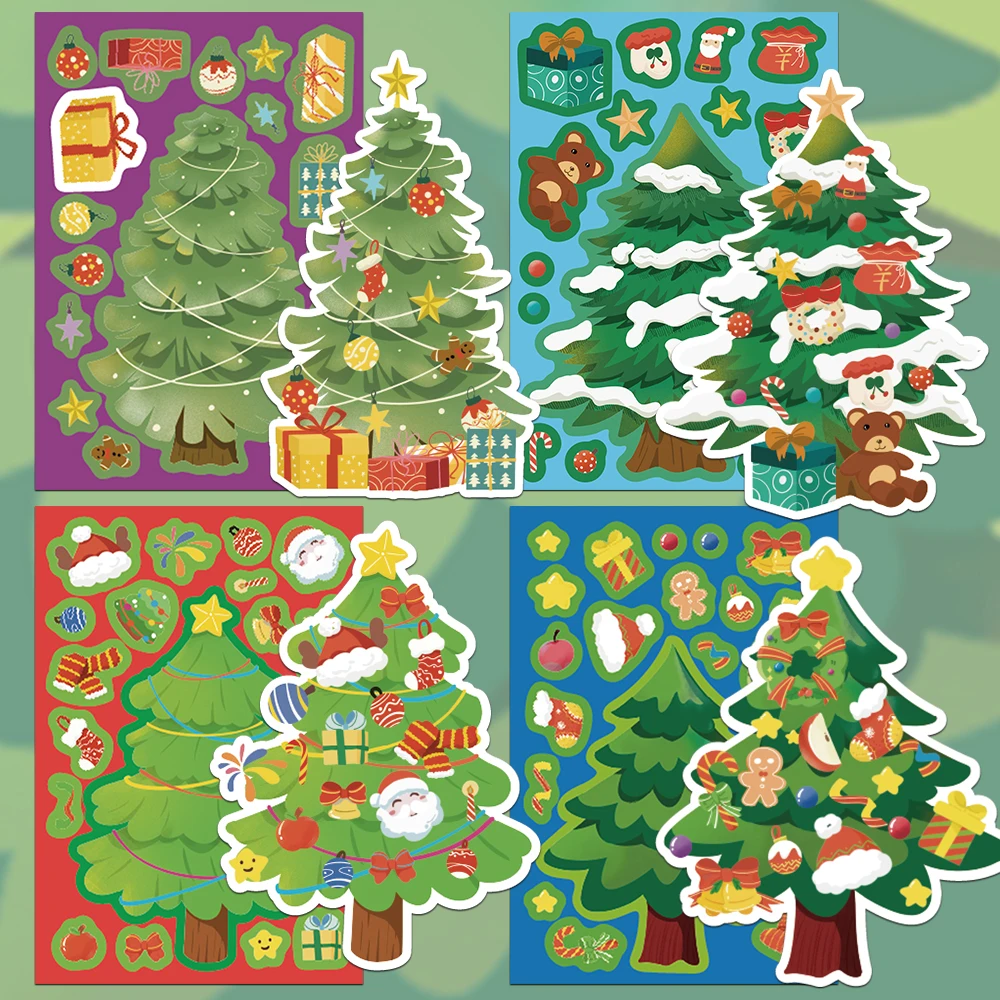 8 pçs dos desenhos animados árvore de natal montagem adesivos decoração arco presentes cinco pontas estrela bola bonecas festival de natal presente adesivo