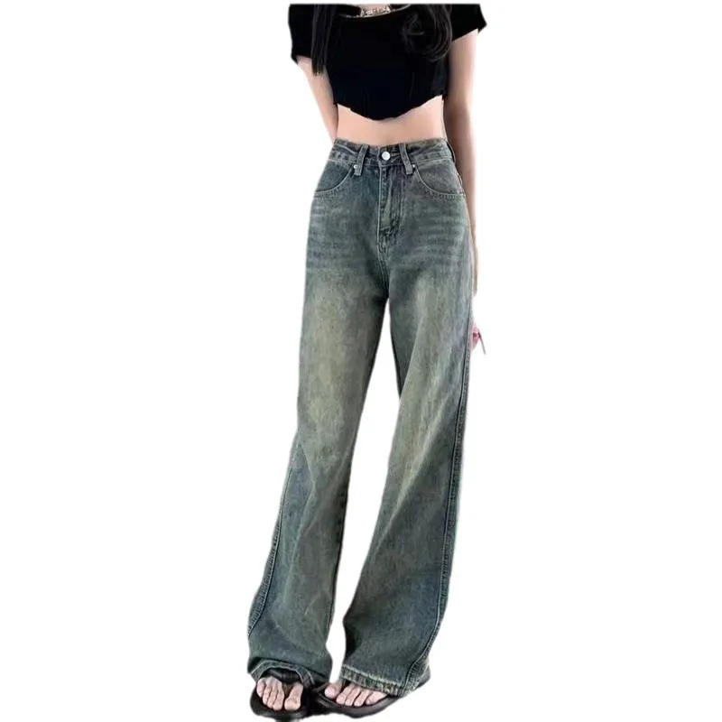 Blauwe damesjeans hiphop mode vintage streetwear Y2K wijde pijpen rechte jeans hoge taille broek klassieke wijde denim broek