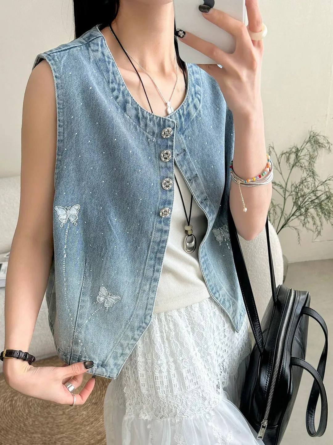 

Fashionable Blingbling Rhinestone Denim Vest Women's Spring Summer High-End Feeling Personality Small Size Layering Shoulder Pad