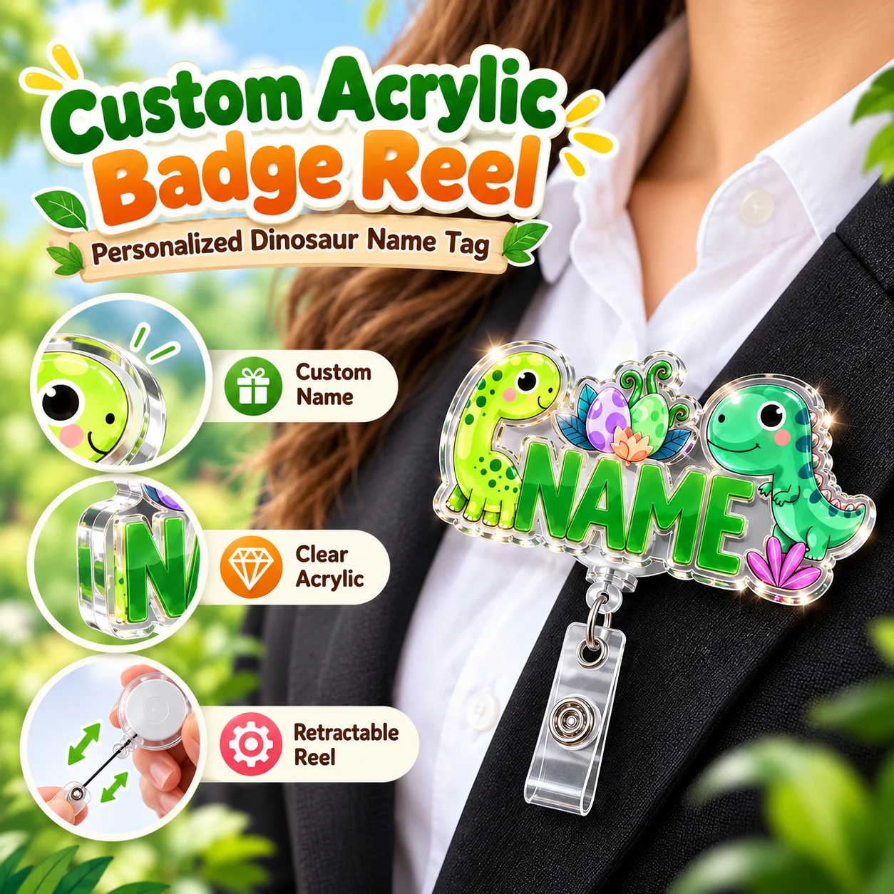 Custom Acrylic Badge Dinosaur Name Tag Retractable ID Reel Personalized Cute Nurse Teacher Work Accessory Custom Name Badges