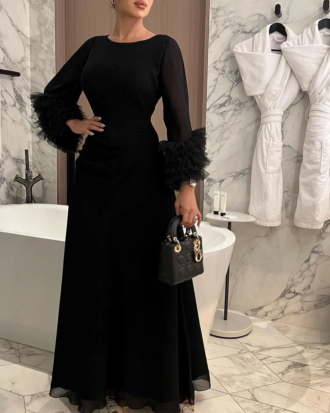 

Romantic Black Chiffon O-Neck Regular New Exquisite for Women Evening Dress Full Sleeve Prom Party Gown Ankle Length 2024