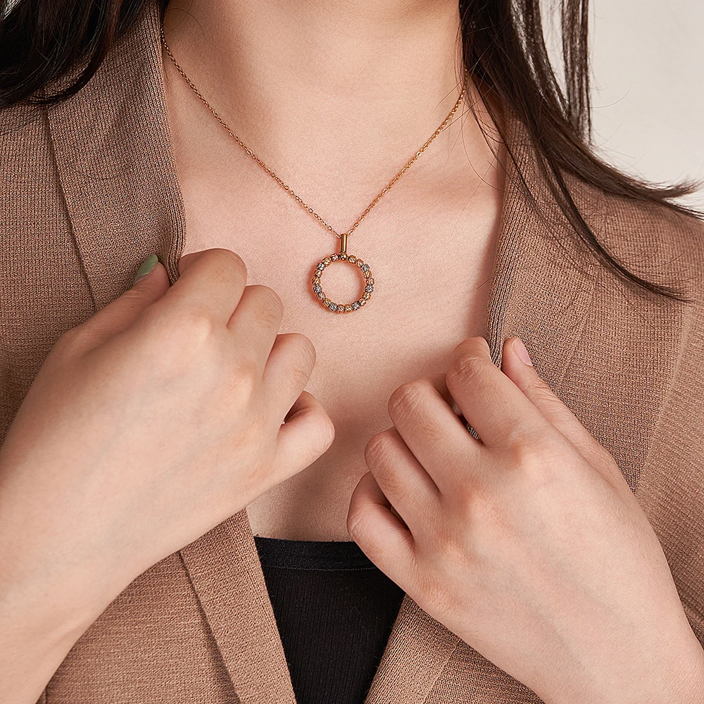 

ENFASHION Pendants Round With Bead Necklace For Women's Stainless steel 18K Plated Gold Trendy Simple Fashion Jewelry P233376