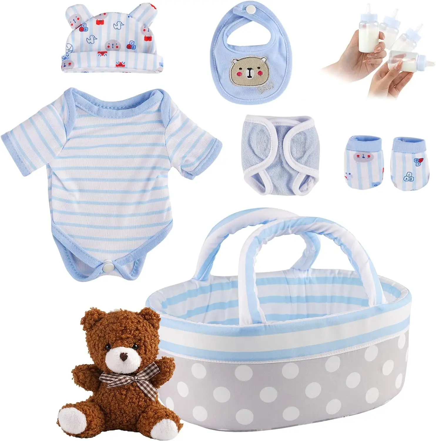 8 Pcs Reborn Baby Doll Clothes with Bassinet for 8-10 Inch Babydolls, Baby Dolls Clothes and Doll Accessories Set with Bear Toy