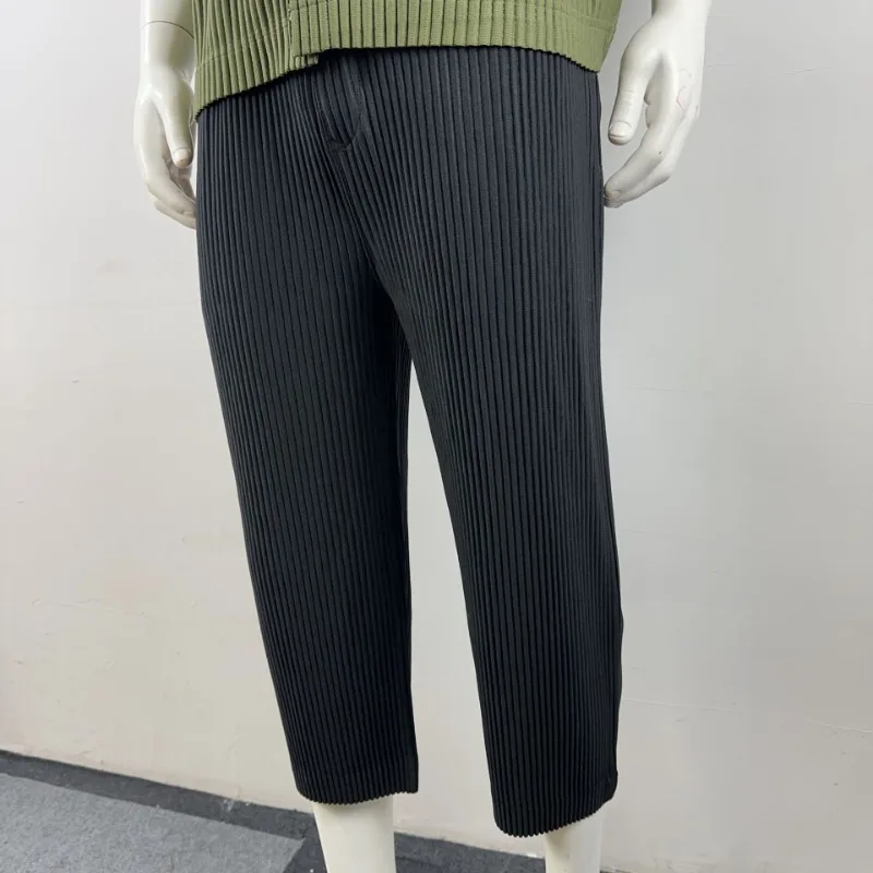 

Miyaka Pleats Men's Clothing Cropped Pants Japanese Style Loose Fit Straight Cut Seven-point Trousers Summer Cargo Pantscasual