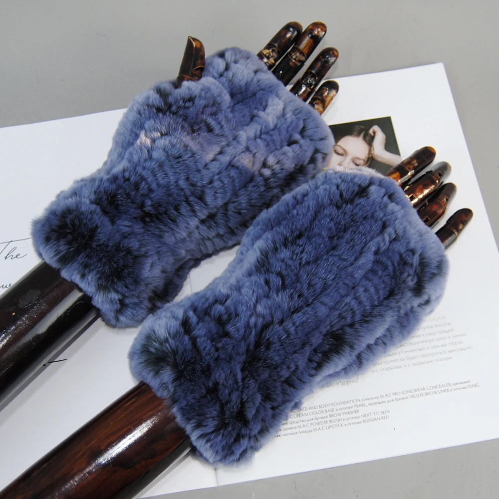 New Lady Real Fur Fingerless Gloves Handmade Knit Fur Mitten Winter Warm Women 100% Real Genuine Knitted Rex Rabbit Fur Mittens