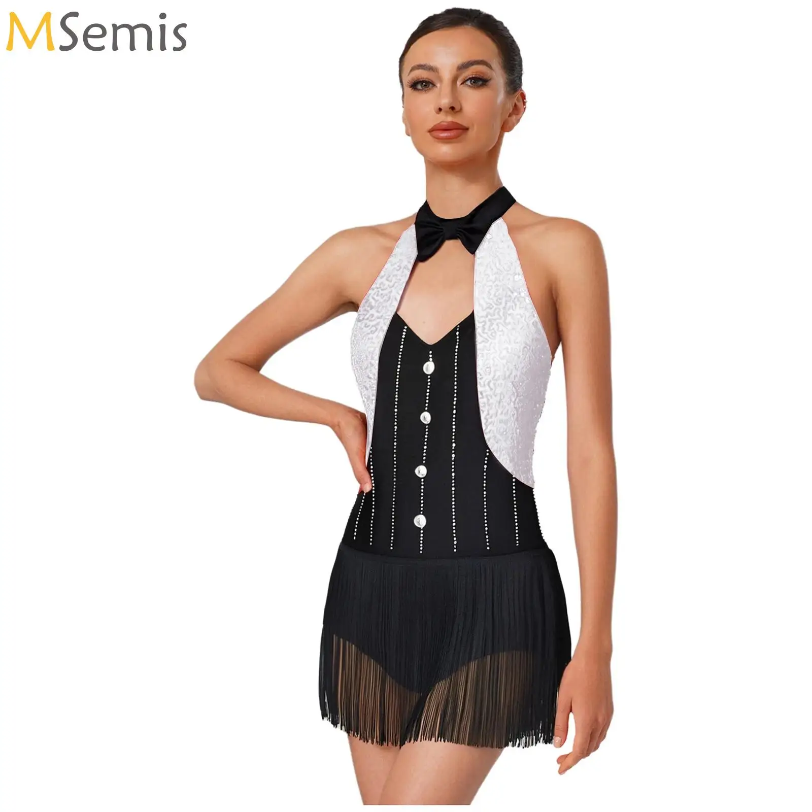 

Women Sequin Fringe Bodysuit Sparkly Rhinestones Tassel Latin Jazz Dance Leotard Dresses for Shows Stage Performance Competition