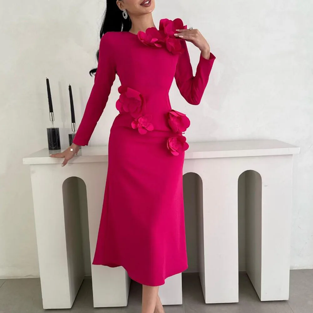 

Customized A-Line Prom Dresses Tea-Length O-Neck Full Sleeve Evening Dresses Fashion Flowers Simple Draped Party Dresses