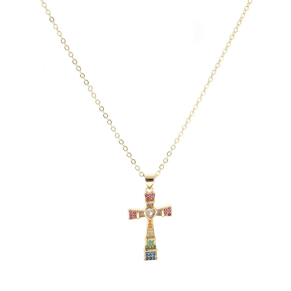 Fashion Cubic Zirconia Cross Pendant Necklace For Women Gold Plated Clavicle Chain Colorful Heart Gem Choker Trendy Lucky Jewelr - view 5