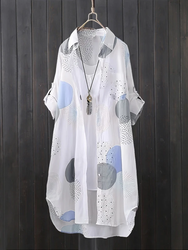 Damen Loose Long Sve Bedruckte irt Frühling Sommer UV-Schutz Casual Sle Polyester Stoff Mittellange Oberbekleidung