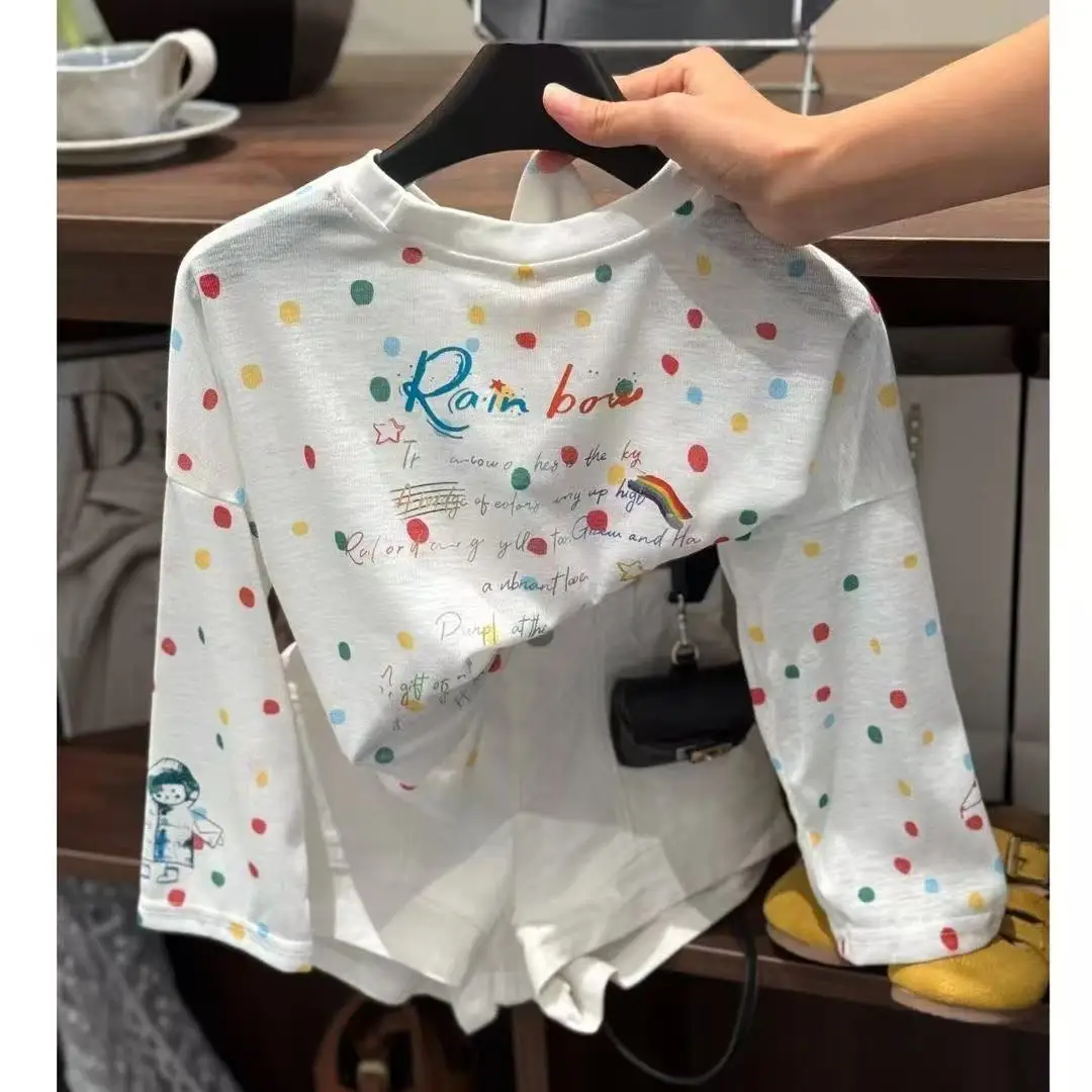 

Girls' Summer Set 2025 New Children's Colored Dot Sunscreen Coat Stylish Two Piece Set of Shorts for Girls 110-160CM