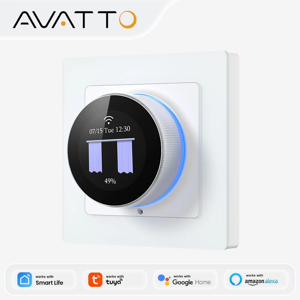 AVATTO WiFi Smart Knob Curtain Switch With Ambient Light Ring,Precise Percentage Control For Tuya Alexa Google Home Alice