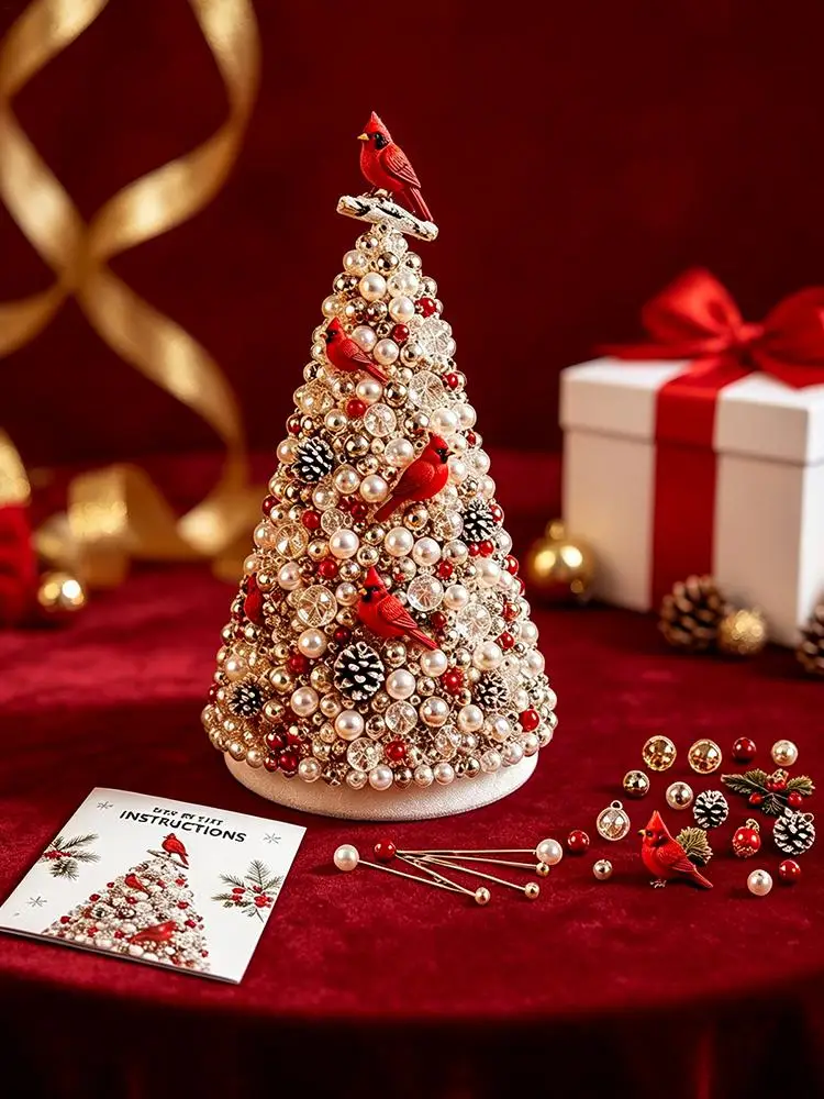 Beaded Christmas Tree Kit Pearl Red Bird Charm Making Crafts Christmas Tree Bead Kit for Holiday Nativity House Wall Tabletop - view 4