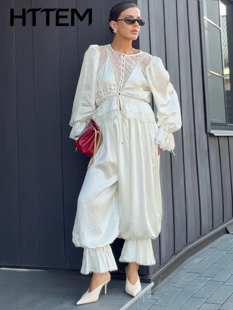 2026 Autumn Elegant Lace Patchwork Top Pants Women Set Chic Long Sleeve O-neck Blouse Pleated Trousers Lady Outfit New