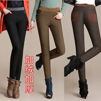 מכנסי ולווט לנשים במידה גדולה, מכנסי לגינג אלסטיים לחורף, מכנסי סווטשירט גבוהים במותן לנשים, מכנסי סווטשירט עבים לפיטנס תרמי לרחובות