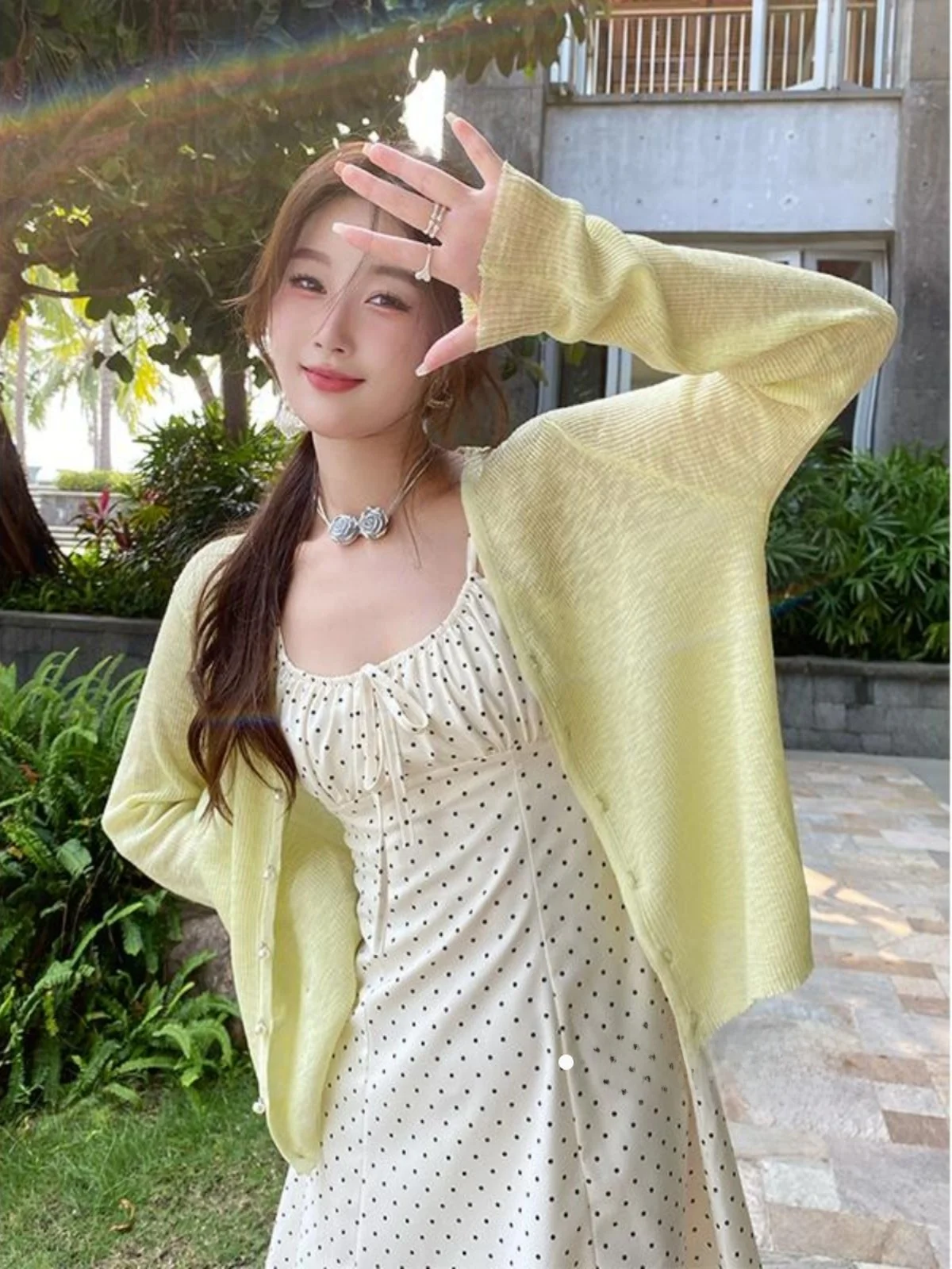 

Вязаный кардиган из ледяного шелка, женский летний легкий V-Ne Long Sve, верхняя одежда с защитой от ультрафиолета, комбинезон, желтый тонкий слэ Ea...