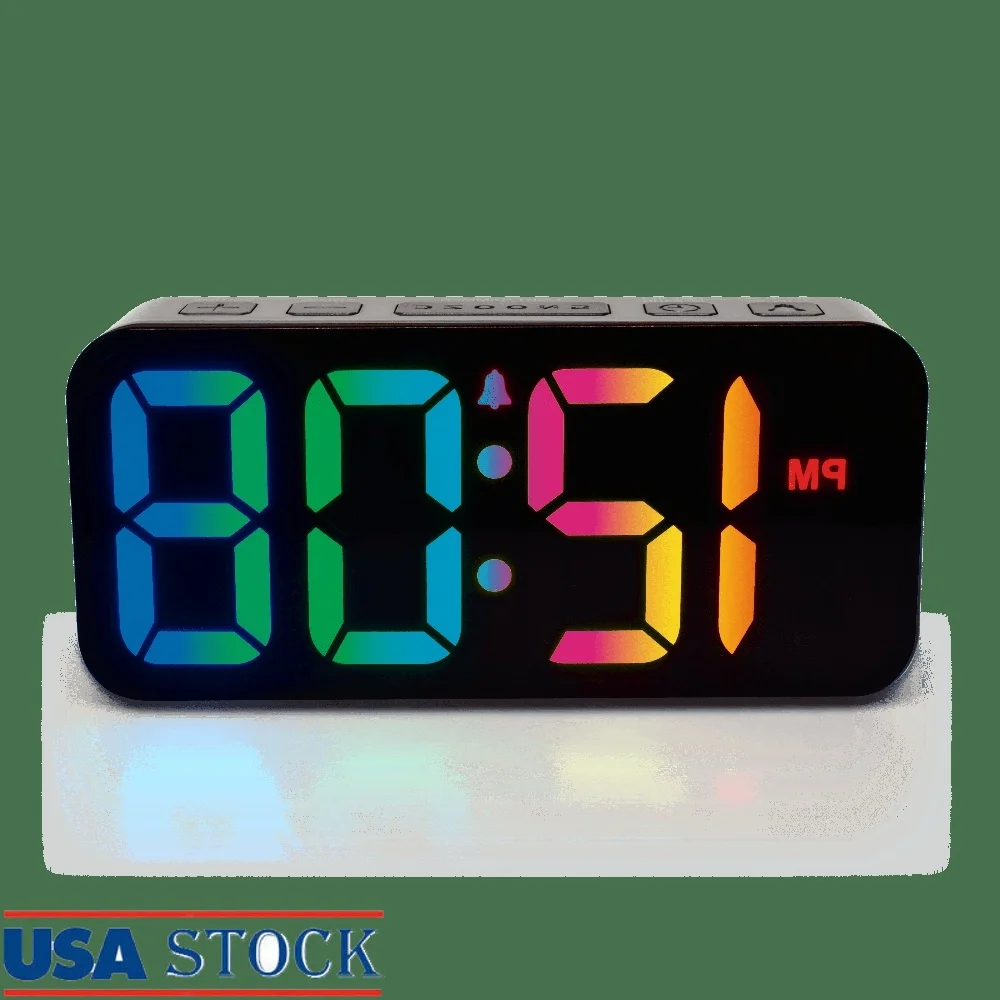 

USB Type C Alarm Clock Red Green Blue Display Adjustable Snooze Modern Design Compact Size Battery Powered Digital Clock