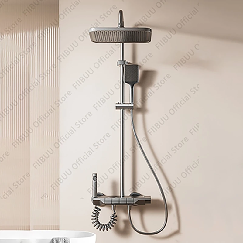 

Gun Grey Bathroom Shower System Smart Temperature Control Digital Display Shower Set Stylish Shower Combo With Storage Platform