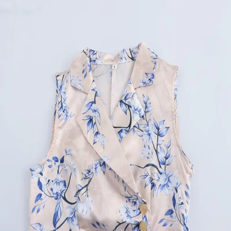 فستان صيفي 2024 نسائي متعدد الاستخدامات بتصميم زهري من الساتان، تنورة طويلة بدون أكمام، ياقة بدلة مطوية، فستان ماكسي أنيق وفاخر #4