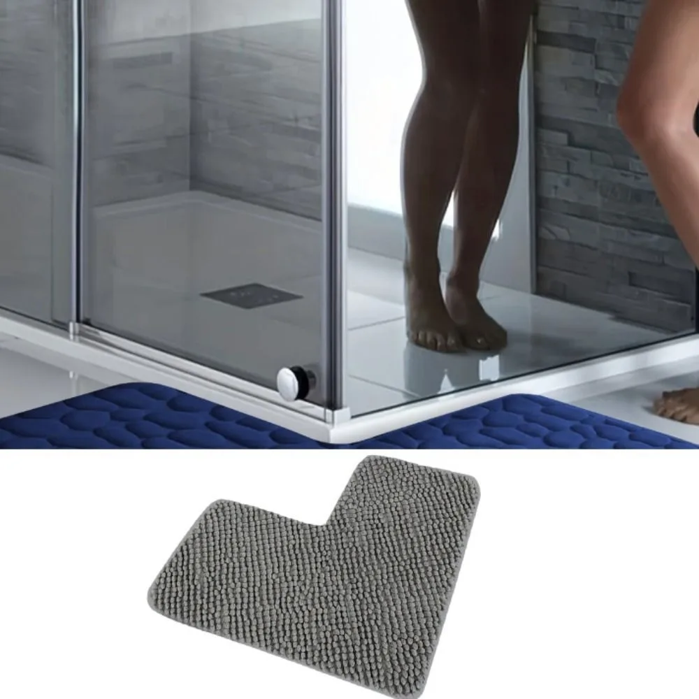 Household Absorbent L-shaped Chenille Bath Mat Non-slip Thickened Floor Mat Solid Color Plush Carpet Bathroom