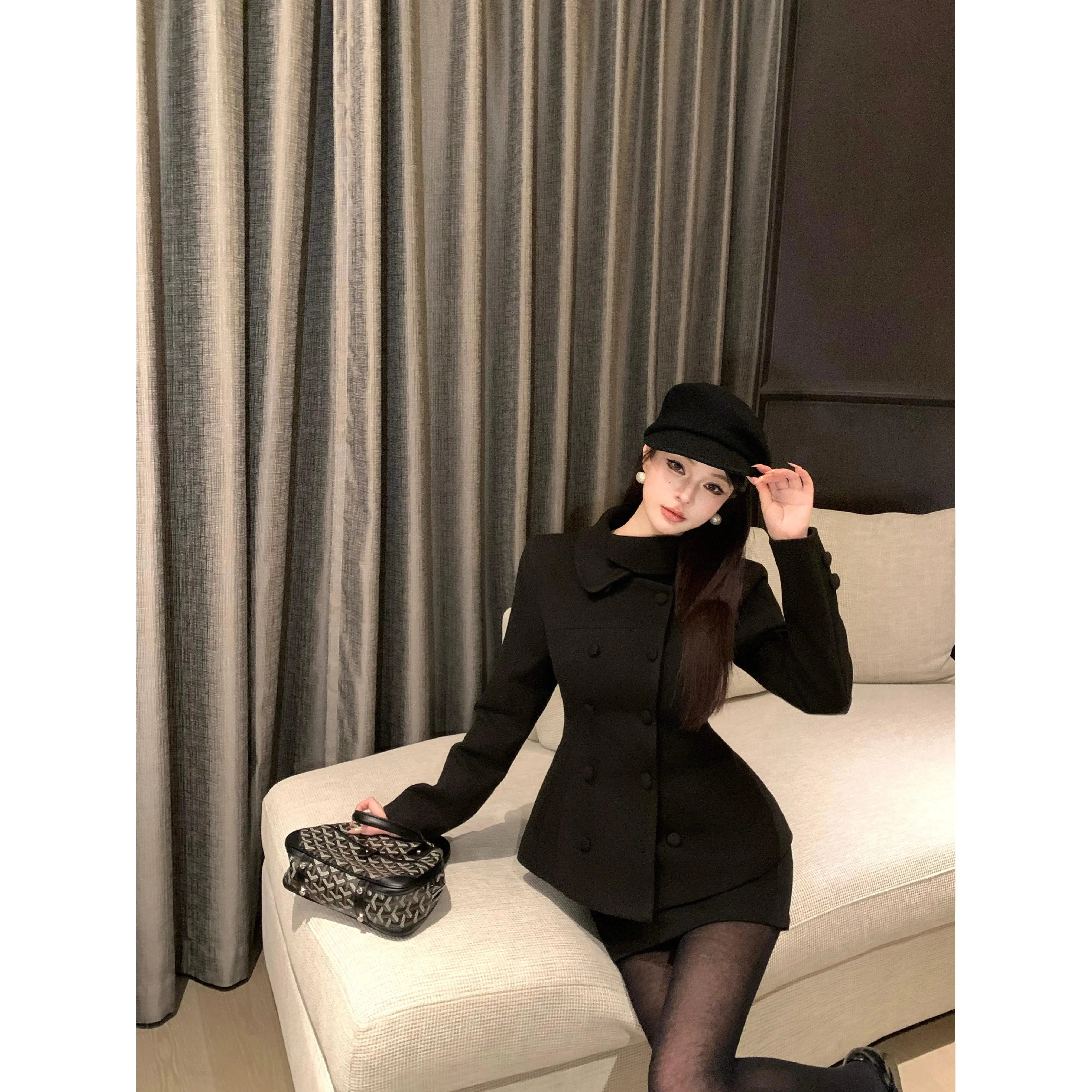 Black Woolen Suit Jacket And  Skirt Set Rich Girl Style Two-Piece Korean High-End Feeling Casual Sportswear for Women