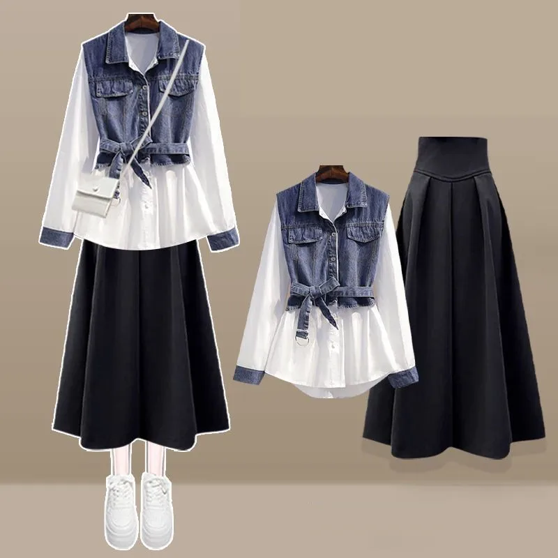 

Women's 2025 Spring Autumn New Elegant Denim Splicing Fake Two Piece Long Sleeve Shirt Coat+High Waist Midi Skirt Matching Set