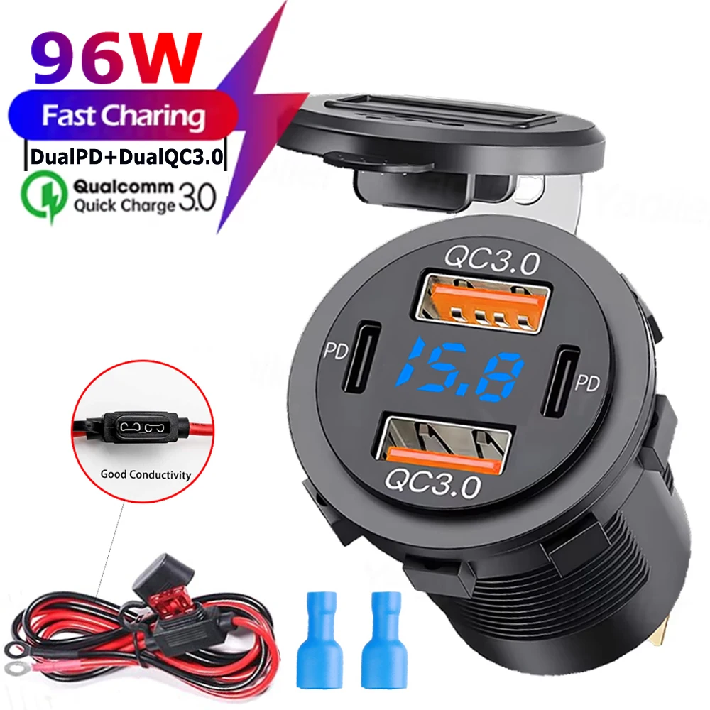 

NEW 96W Dual PD QC 3.0 USB Car Charger Fast Charging Socket Power Outlet Adapter Waterproof with LED Voltmeter for 12V/24V Cars