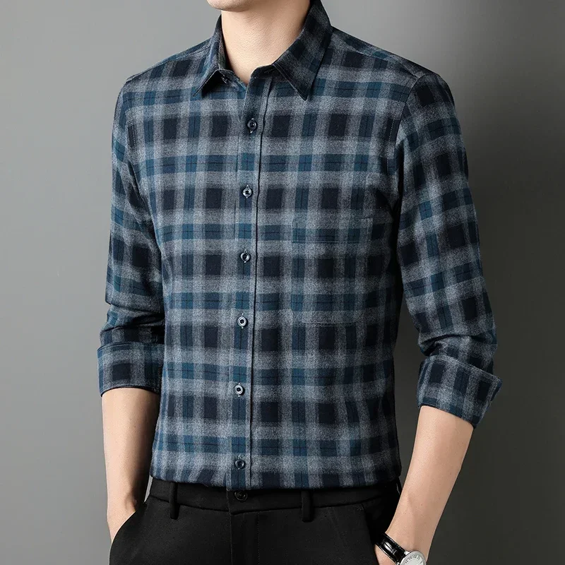 New in shirt 100%cotton sanding long-sleeve shirts for men big size plaid Smart Casual slim fit EnglandStyle soft office clothes