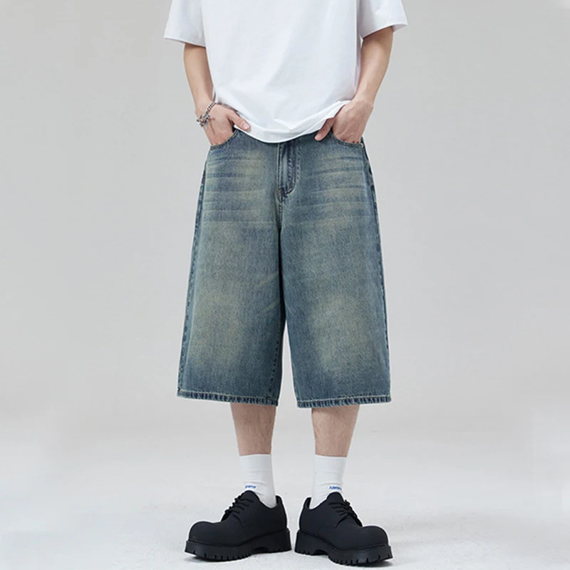 NEW Korean Style Vintage Men's Jeans Summer Loose Male Wide Leg Knee Length Shorts New Washed Fashion Short Denim Pants
