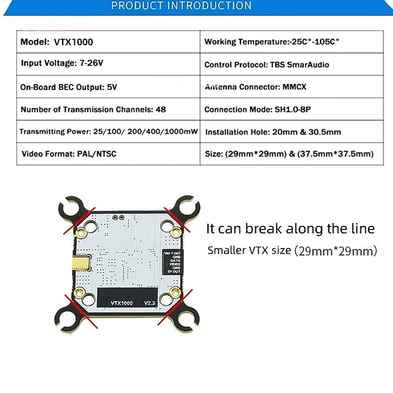 장거리 RC 비행기 FPV 드론용 5.8G 1000MW 48CH VTX 키트, 입력 전압 7-26V 변속기 전원 25 200 400 1000MW