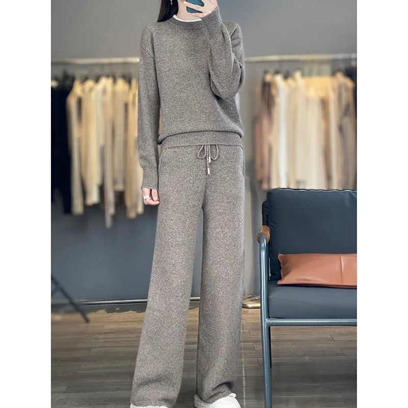 

100% wool women's sweater O-neck knitted sweater women's set 2-piece wool women's wide leg pants fashionable women's set