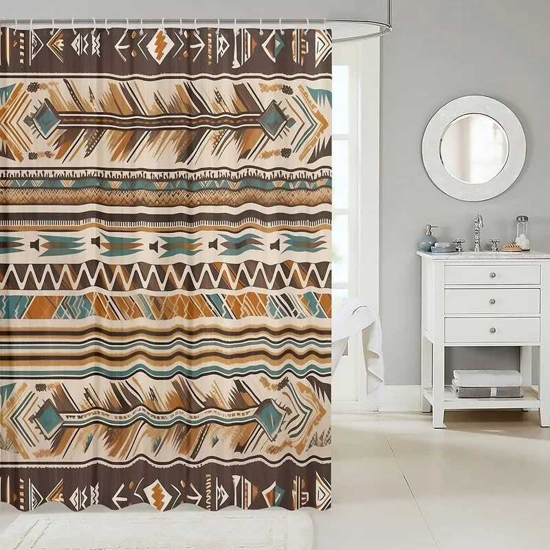 Boho Arrow Geometric Striped Retro Ethnic Shower Curtain No Drilling Waterproof Bathroom Curtain with 12 Hooks 72x72