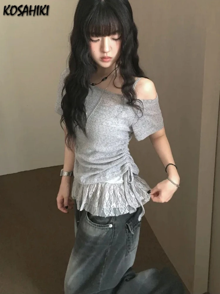

2025 Y2k Aesthetic Two Piece Slash Neck Drawstring Grunge Women T-shirt + Streetwear Lace Patchwork Bodycon Vest 2 Suits Summer