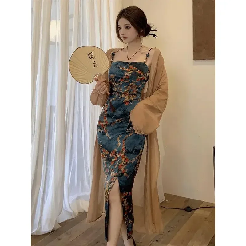 Print Flower Cheongsam Hanfu Suit New Chinese Dresses Women Sexy Improved Qipao Set Mesh Cardigan&cami Vestidos Costumes