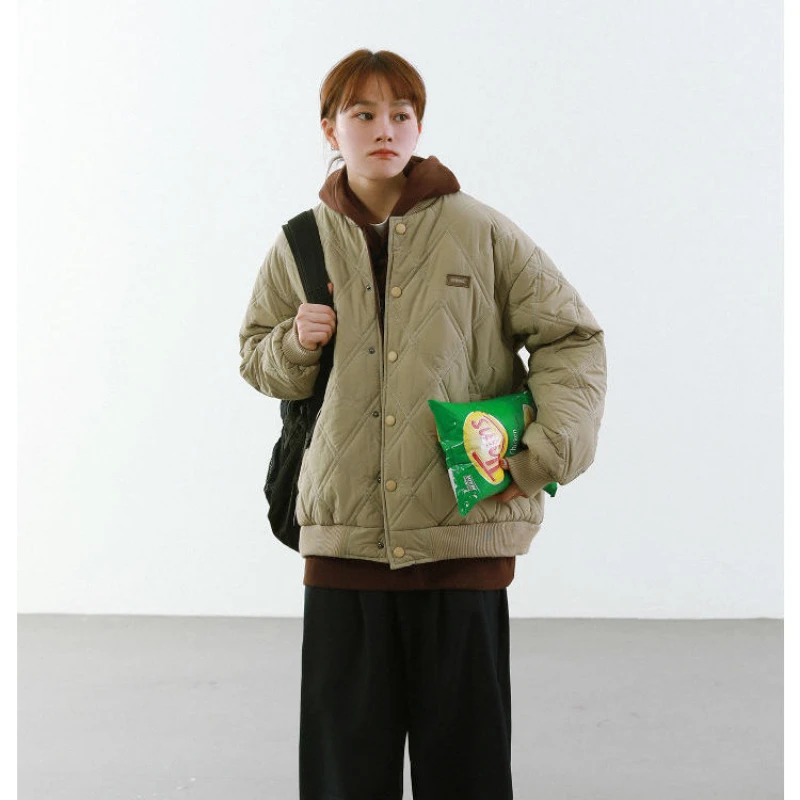 Autumn and winter short coat women's diamond lattice loose hip-hop stand-up collar solid color casual street cotton coat women