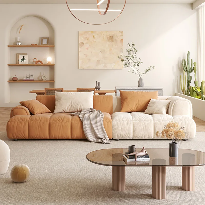 Stoffsofa für Wohnzimmer, Cremefarben, für Kleine Apartments, Technologie-Stoff, Geradliniges Ecksofa, Puff-Sofa-Kombination