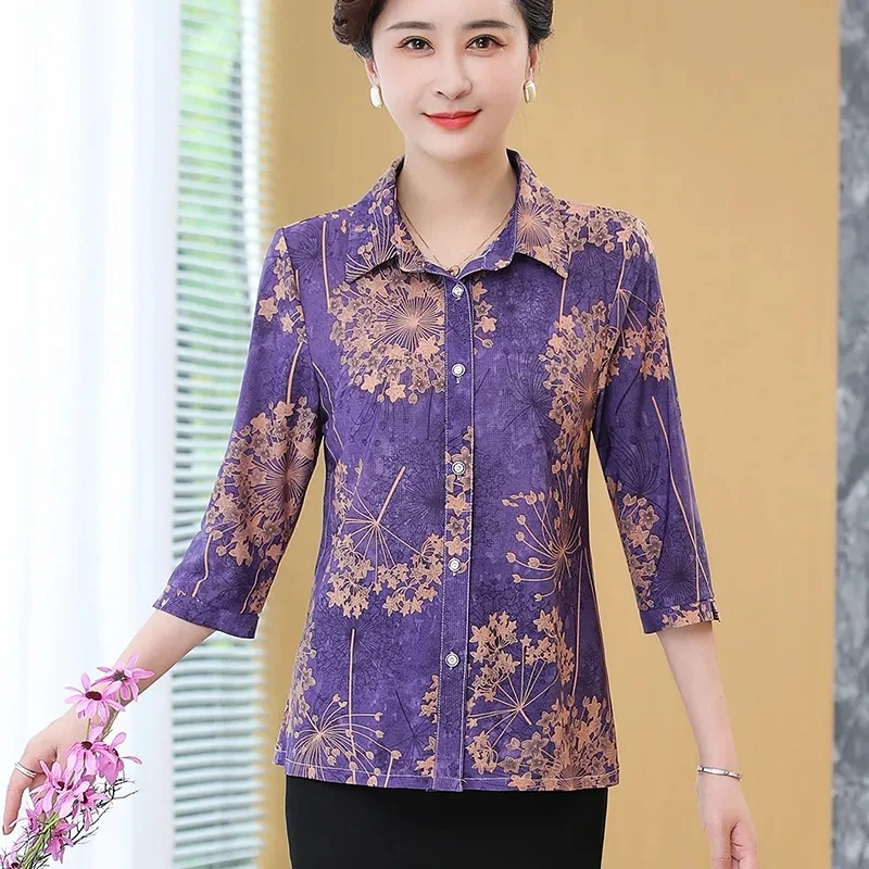 Elegant Middle-aged Women\'s Shirt And Tops Summer New Printed Casual 3/4 Sleeve Elastic Blouse Middle Aged Mother Blusas 5XL