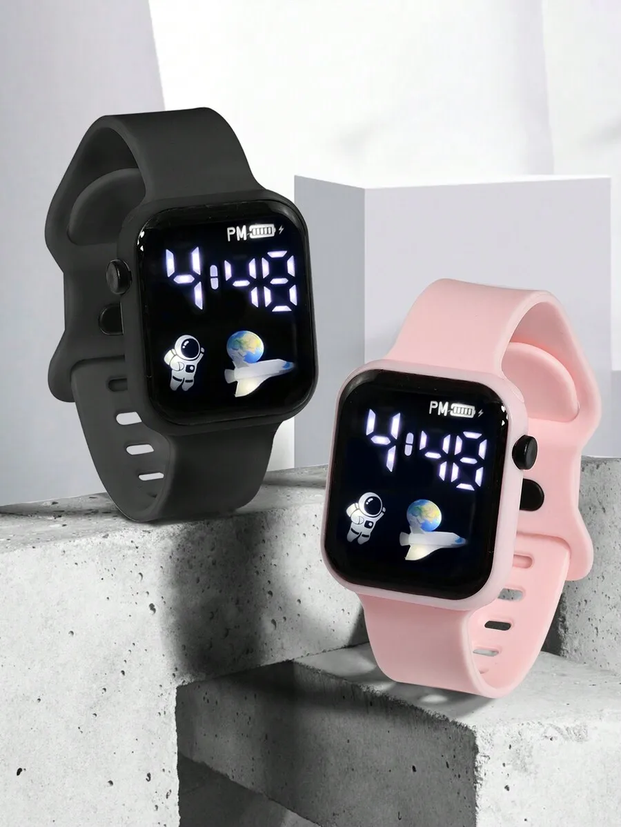 

2 шт. детских цифровых квадратных часов с космическим дизайном, ремешком из ТПУ, унисекс, повседневные спортивные часы для ежедневного ношения