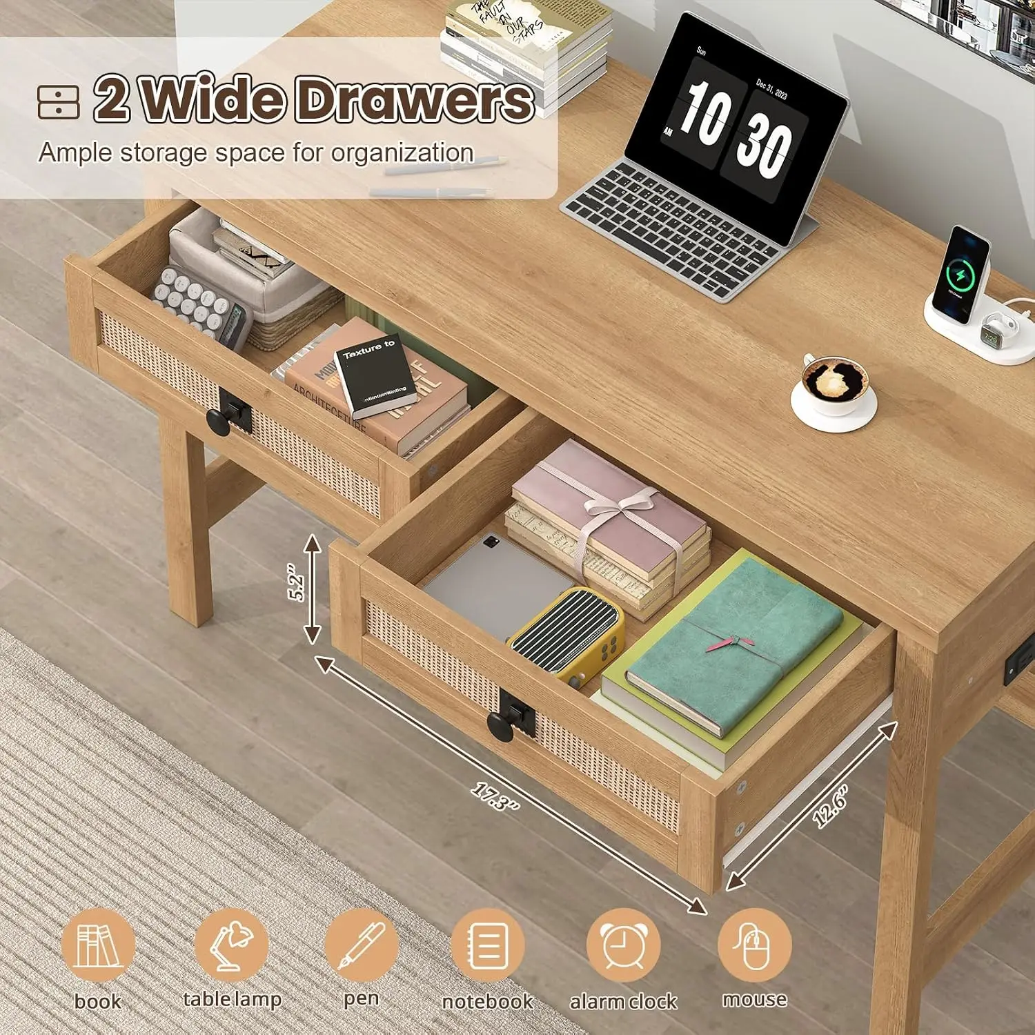 Rattan Desk with 2 Drawers & Power Outlets, 39 Inch Small Farmhouse Vanity Writing Table for Home Office, Oak, Customized